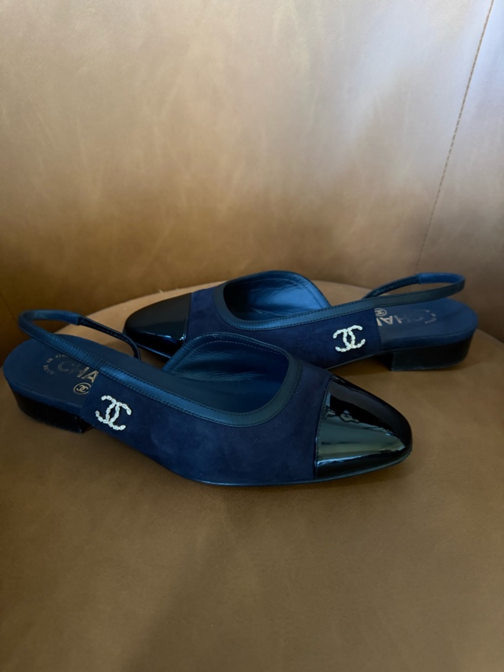 Chanel Navy Suede Slingback Cap-Toe Low Heel Flats with Rhinestone Accent